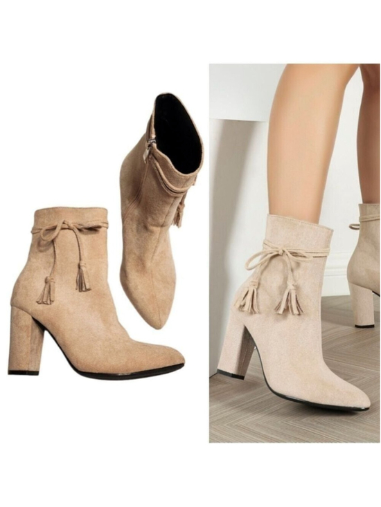 Unbranded Shoes - Beige Faux Suede Tassel Block Heel Side Zip Ankle Booties Size 7